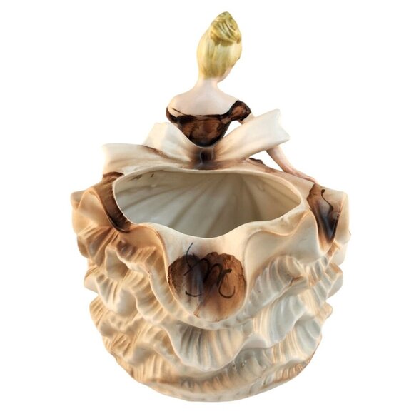 Vintage Lefton Figurine Vase Planter Brown Dress Blonde  Home Decor Collectible - Picture 2 of 10
